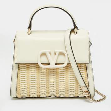 Pre Owned Valentino White/Cream Leather and Raffia Woven VSling Top Handle Bag