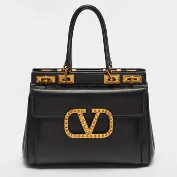 Pre Owned Valentino Black Leather Medium Alcove Rockstud Top Handle Bag