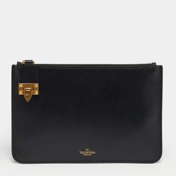 مملوكة مسبقًا حقيبة صغيرة فالنتينو جلد أسود مسطحة بسحاب