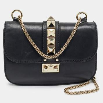 Pre Owned Valentino Glam Lock Small Black Leather Shoulder Bag