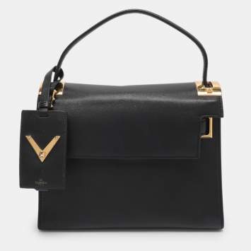 Pre Owned Valentino Embellished Flap Black Leather Top Handle Bag