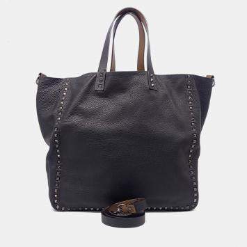 مملوكة مسبقًا Valentino Black/Brown Leather Reversible Rockstud Tote and Shoulder Bag