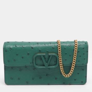 Pre Owned Valentino VSling Green Ostrich Wallet On Chain
