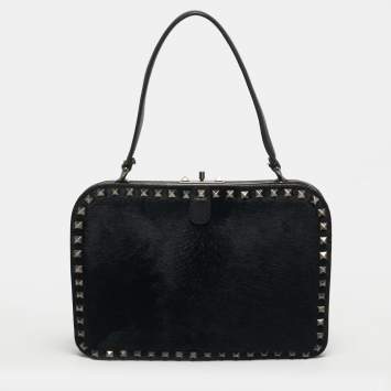 مملوكة مسبقًا Valentino Rockstud Frame Black Calfhair and Leather Bag