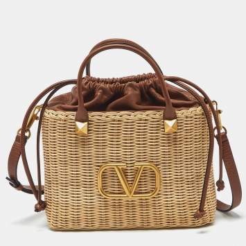 مملوكة مسبقًا Valentino Wicker Drawstring Brown/Beige Rattan and Leather Tote