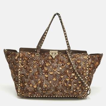 Pre Owned Valentino Rockstud Trapeze Brown Feather Print Calf Hair and Leather Tote