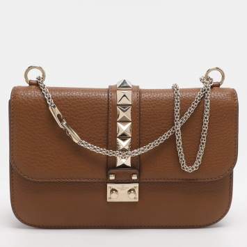 مملوكة مسبقًا Valentino Glam Lock Brown Leather Shoulder Bag