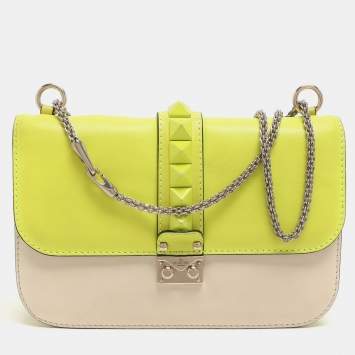 Pre Owned حقيبة فالنتينو غلام لوك جلد نيون أصفر/ كريمي روكستد متوسطة بقلاب