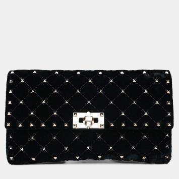 Pre Owned Valentino Velvet Quilted Rockstud Clutch with Chain