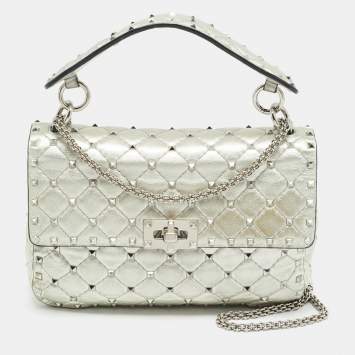 Pre Owned Valentino Rockstud Spike Medium Silver Quilted Leather Shoulder Bag