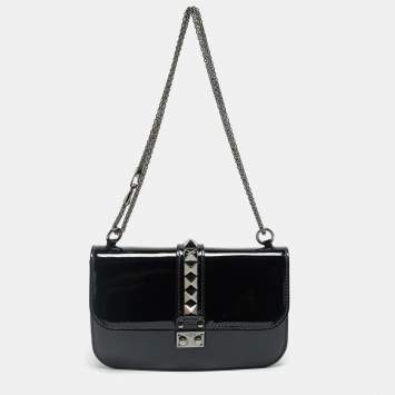 Pre Owned Valentino Rockstud Glam Lock Medium Black Patent Leather Flap Bag