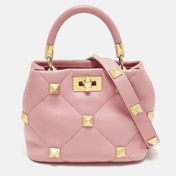مملوكة مسبقًا Valentino Roman Stud Small Pink Quilted Leather Top Handle Bag