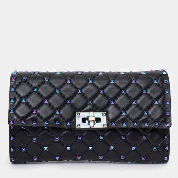 Pre Owned Valentino Black Lambskin Oil Slick Rockstud Spike Wallet on Chain
