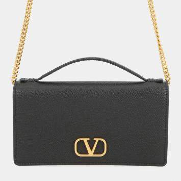 Pre Owned Valentino Garavani V Logo Signature Chain Wallet Black Calf Leather