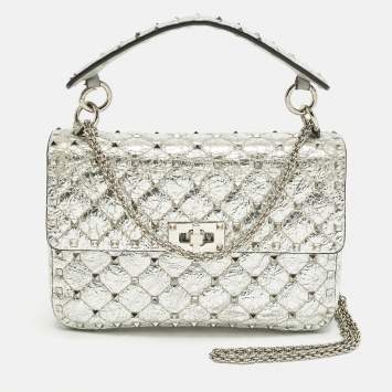 Pre Owned Valentino Rockstud Spike Medium Silver Quilted Leather Shoulder Bag