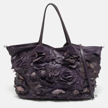 Pre Owned Valentino Rose Applique Purple Leather Shopper Tote
