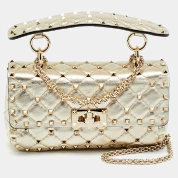 Pre Owned Valentino Rockstud Spike Chain Small Gold Quilted Leather Shoulder Bag