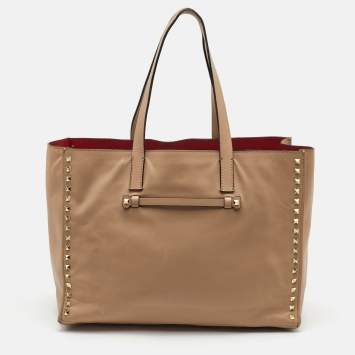 Pre Owned Valentino Rockstud Beige Leather Tote