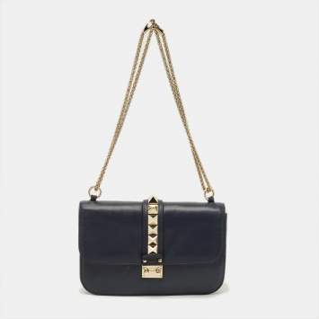 Pre Owned Valentino Rockstud Glam Lock Medium Navy Blue Leather Flap Bag