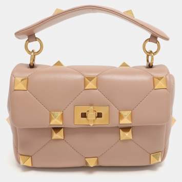 Pre Owned Valentino Roman Stud Medium Blush Pink Quilted Leather Top Handle Bag