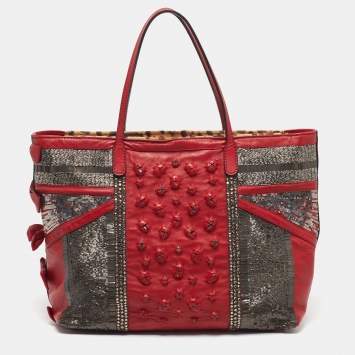 Pre Owned Valentino Red Leather Sequins and Crystals Zip Shopper Tote