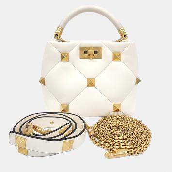 Pre Owned Valentino White Leather Roman Studded Tote and Shoulder Bag
