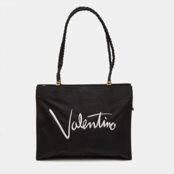 Pre Owned Valentino Garavani Sport Rope Handle Black Canvas Logo Embroidered Tote