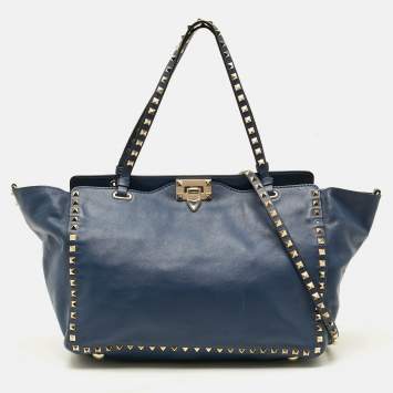 Pre Owned Valentino Rockstud Trapeze Medium Navy Blue Leather Tote