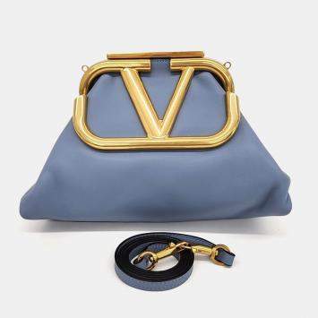 Pre Owned Valentino Blue Leather Superbee Clutch and Shoulder Bag