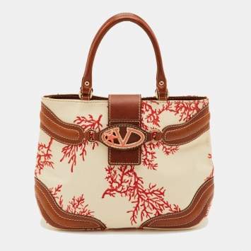 Pre Owned Valentino Escape V logo Beige/Brown Canvas and Leather Shoulder Bag