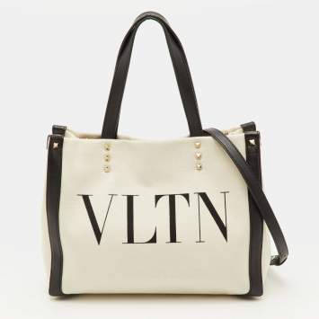 Pre Owned Valentino VLTN Small Beige/Black Canvas and Leather Rockstud Tote