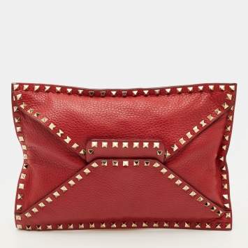 Pre Owned Valentino Rockstud Red Leather Envelope Flap Clutch