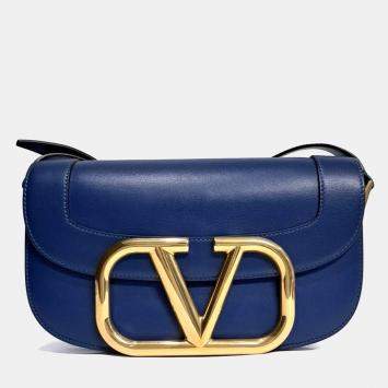 مملوكة مسبقًا حقيبة كروس بودي فالنتينو جلد أزرق كحلي بحلقة V سوبر بي