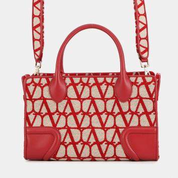 Pre Owned Valentino Garavani Le Quatrieme Toile Iconograph 2-Way Bag Beige/Red Canvas Leather