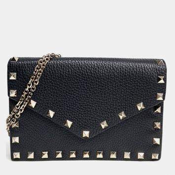 Pre Owned Valentino Rockstud Black Leather Chain Crossbody Bag