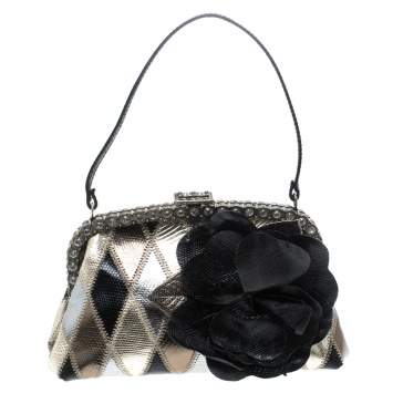 Pre Owned Valentino Metallic Lizard Embossed Leather Crystal Embellished Bag