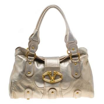 Pre Owned Valentino Gold Leather Crystal Catch Satchel
