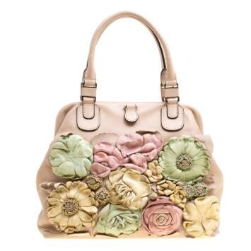 Pre Owned Valentino Beige/Multicolor Leather Floral Applique Frame Satchel