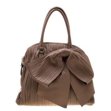 Pre Owned Valentino Dark Beige Pleated Leather Bow Dome Satchel