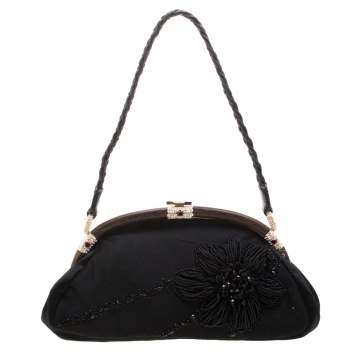 Pre Owned Valentino Black Beaded Embellished Satin Crystal Wood Frame Bag