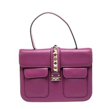 Pre Owned Valentino Fuschia Leather Rockstud Large Glam Lock Top Handle Bag