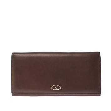 Pre Owned Valentino Brown Leather V Ring Flap Continental Wallet 