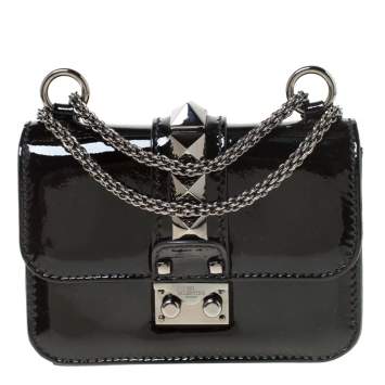 Pre Owned Valentino Black Patent Leather Rockstud Mini Glam Lock Shoulder Bag