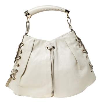 Pre Owned Yves Saint Laurent Beige Leather Rive Gauche Mombasa Shoulder Bag