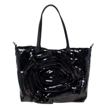 Pre Owned Valentino Navy Blue Sequin Small Petale Tote