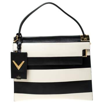 Pre Owned Valentino Black/White Striped Leather My Rockstud Top Handle Bag