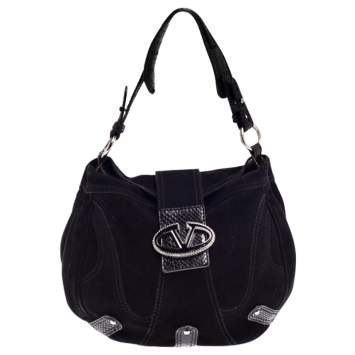 Pre Owned Valentino Black Suede and Python Leather Crystal Catch Hobo
