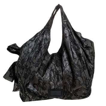 Pre Owned Valentino Black/Beige Lace Large Nuage Bow Hobo