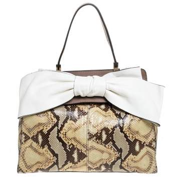 Pre Owned Valentino Black/Beige Python Print Raffia and Patent Leather Aphrodite Bow Bag