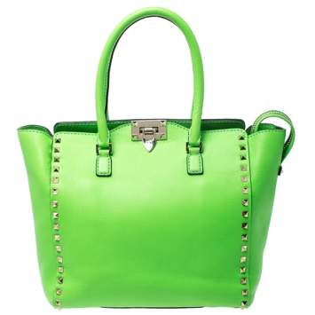 Pre Owned Valentino Neon Green Leather Rockstud Trapeze Tote